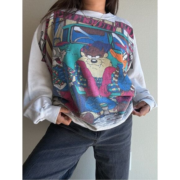 tultex 90s looney tunes all over print graphic crewneck pullover sweater - Picture 2 of 10